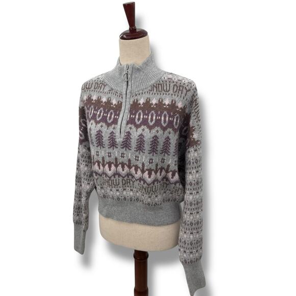 NEW Sugar Moon Quarter Zip Sweater gray Purple Winter Print Size Large Knit - Picture 3 of 11